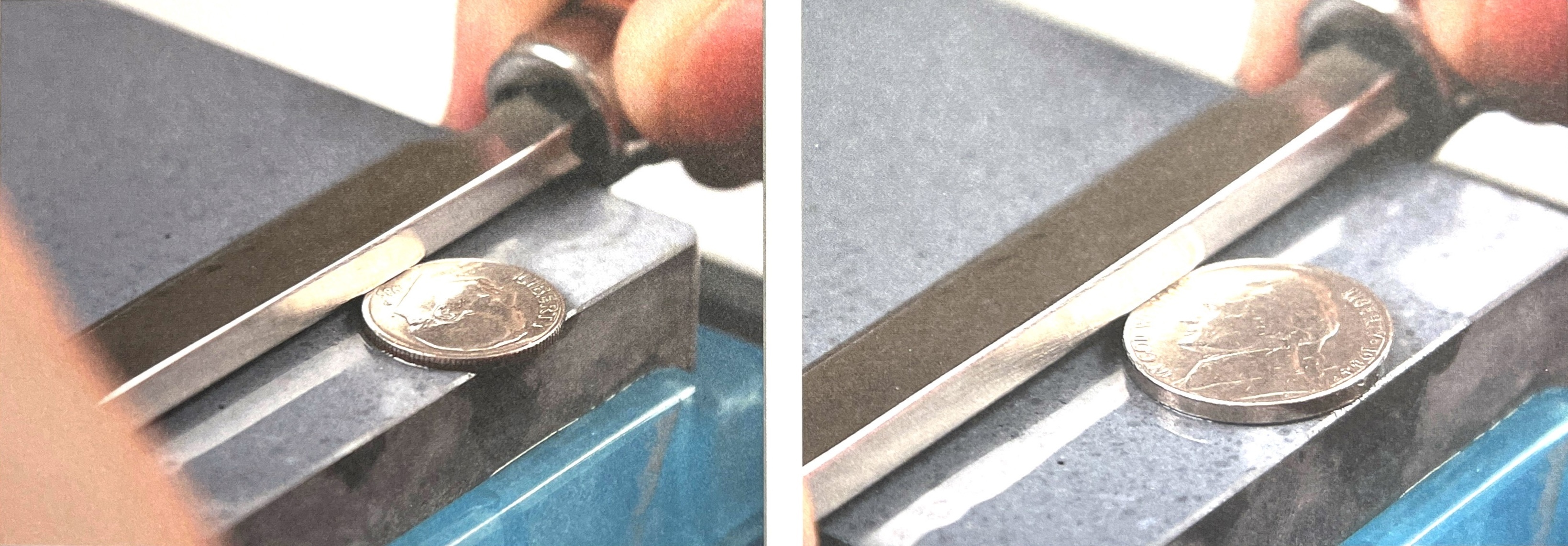 figure 3 Image of using a nickel and a dime to find the correct sharpening angle